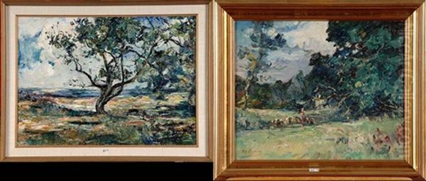 Paysage (+ Bergere, Oil On Panel; 2 Works) Oil Painting by Armand Gustave Gerard Jamar