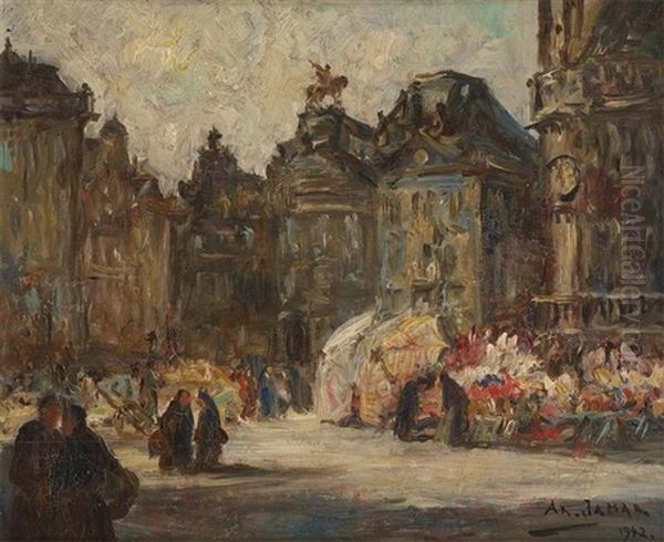 Marche Aux Fleurs A La Grand Place De Bruxelles Oil Painting by Armand Gustave Gerard Jamar