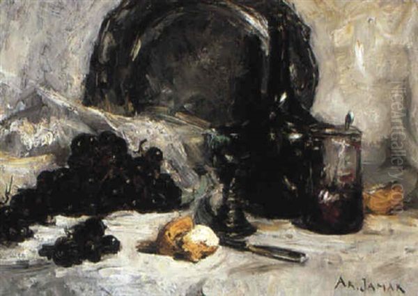 A Still Life With Fruit And Kitchenware Oil Painting by Armand Gustave Gerard Jamar