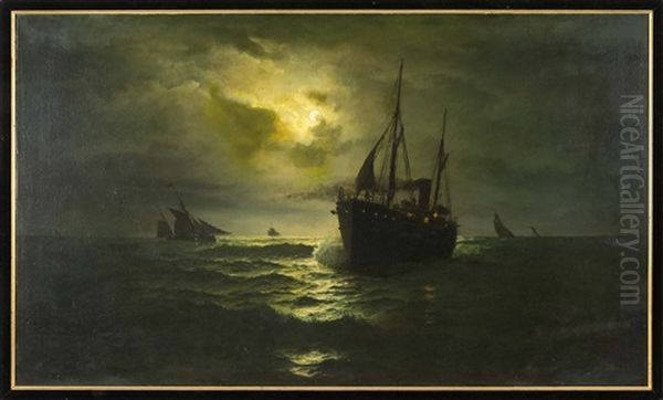 A Steam/sail Ship Under Moonlight Oil Painting by David James