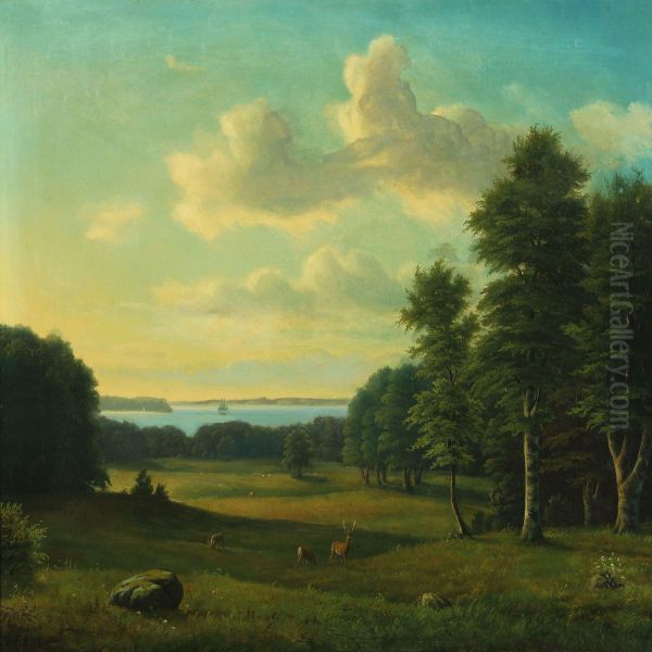 Danish Landscape With Deer Oil Painting by Carl Frederick Bartsch