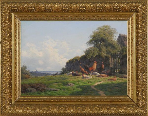 Country Landscape With Roosters Oil Painting by Carl Frederick Bartsch