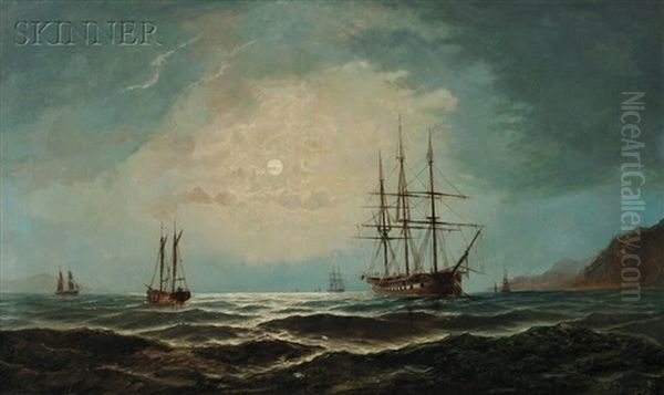 Vessels Sailing Under A Full Moon Oil Painting by David James