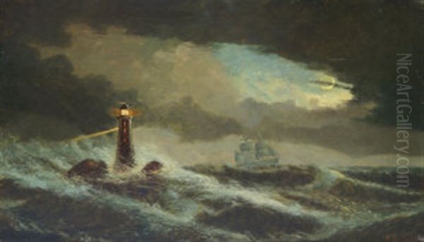 Ship In A Storm At Night Near A Lighthouse; Shipping In Rough Seas Off A Citadel (pair) Oil Painting by David James