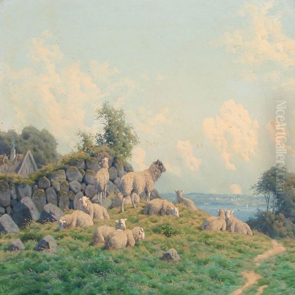 Summer Day With A Flock Of Grazing Sheep Oil Painting by Carl Frederick Bartsch