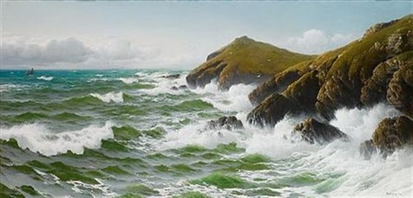 A Gale Rising, West Coast Of Cornwall Oil Painting by David James