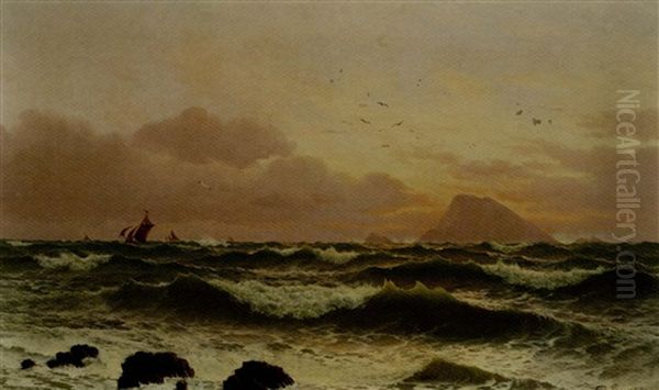 Fishing Boats Off A Rocky Coast At Sunset Oil Painting by David James