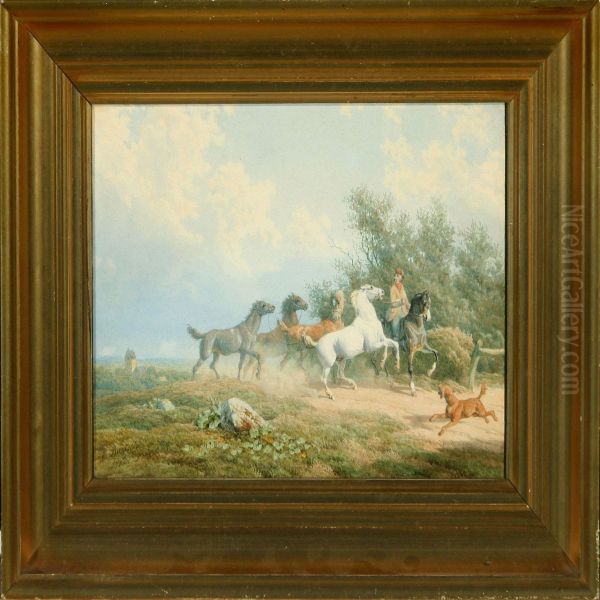 Horseman With Horses Oil Painting by Carl Frederick Bartsch