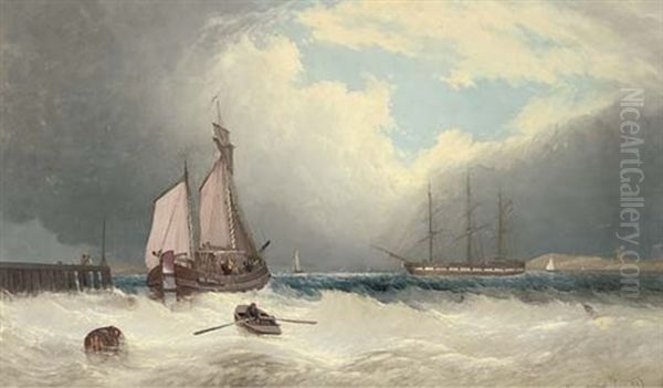 A Barge Running Out Of Harbour, A Frigate Riding On Her Anchor Beyond Oil Painting by David James