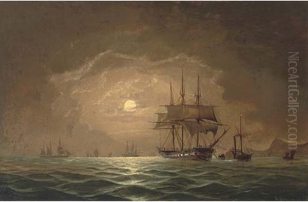 Towing In An Armed Merchantman By Moonlight Oil Painting by David James