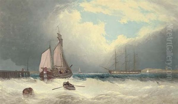 A Barge Running Out Of Harbour, A Frigate Riding On Her Anchor Beyond Oil Painting by David James