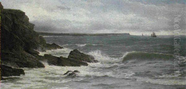 Breaking Waves With Fishing Boats In The Distance Oil Painting by David James