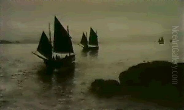 Penzance Fishing Boats Off Thecoast Oil Painting by David James