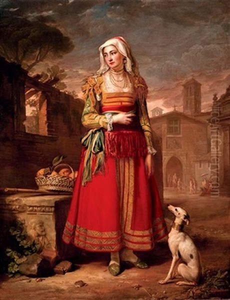 Portrait Of A Lady In Italian Costume With A Hound, In A Piazza Oil Painting by George James