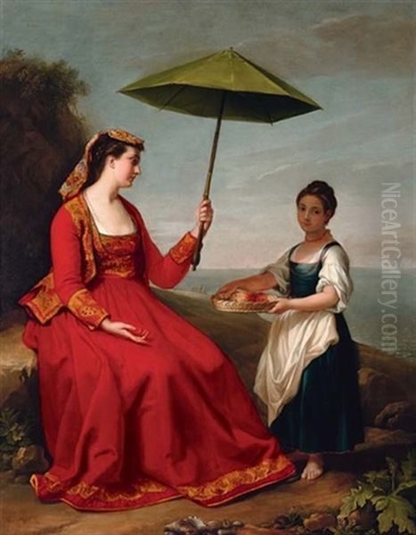 Portrait Of A Lady In A Red Dress With A Green Parasol With A Servant Presenting A Basket Of Shells Beside Her, A Bay Beyond by George James