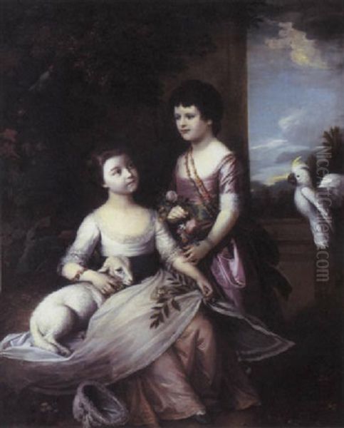 Portrait Of Emily And Georgina Mason, One In A White Dress With A Blue Sash, The Other In A Plum Coloured Dress, A Landscape Beyond Oil Painting by George James