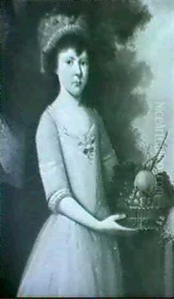 Portrait Of Miss Hawkins, Standing Three-quarter Length And Wearing A Pink Dress And Holding A Basket Of Fruit, ... Oil Painting by George James