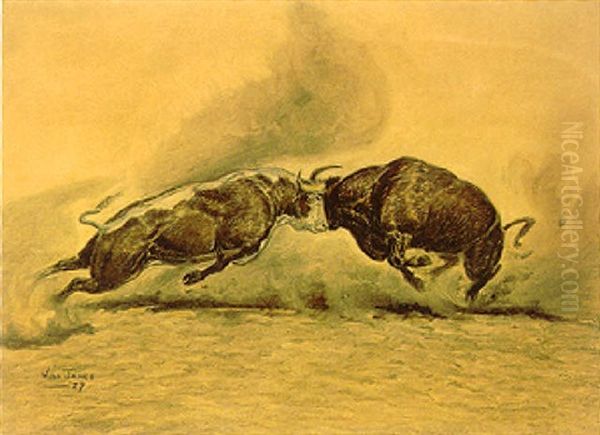 Fighting Bulls Oil Painting by William R. (Will) James