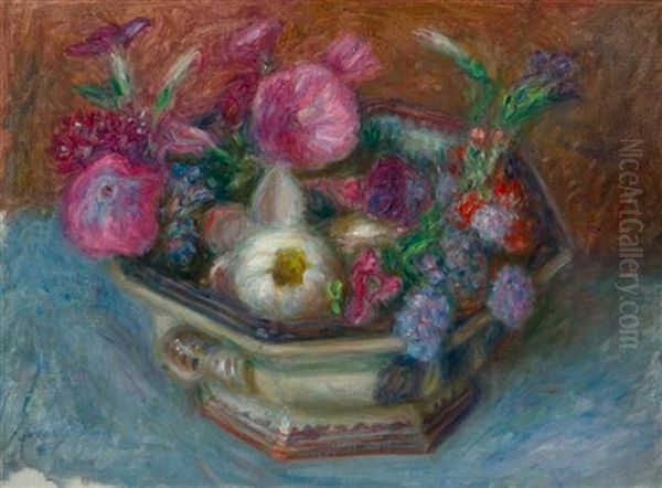 Flowers In Hexagonal Ironstone Dish Oil Painting by William James