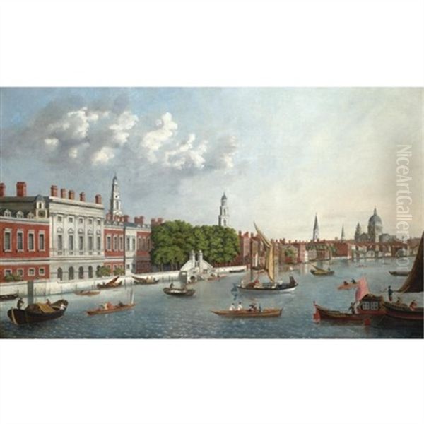 A View Of Vessels On The River Thames With St. Paul's In The Distance Oil Painting by William James