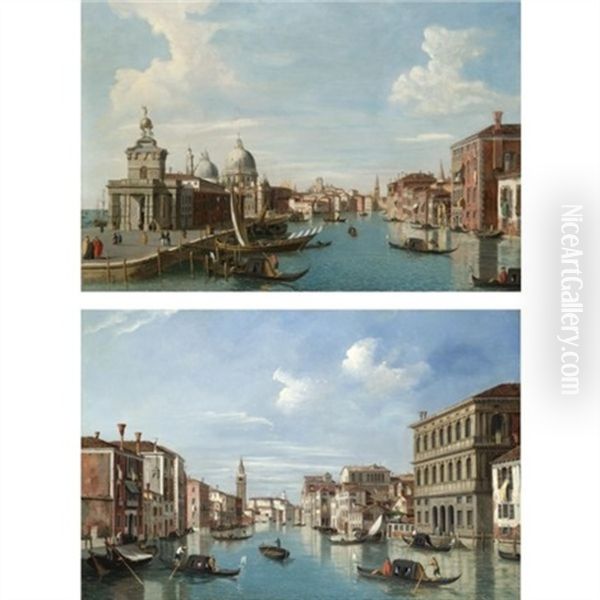 A View Of The Dogana And Santa Maria Salute On The Grand Canal (+ A View Of The Grand Canal Looking North-west From The Palazzo Corner To The Palazzo Contarini Dagli Scrigni; Pair) Oil Painting by William James