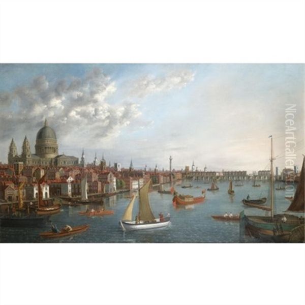 View Of The Thames Looking Towards London Bridge With The Royal Barge Oil Painting by William James