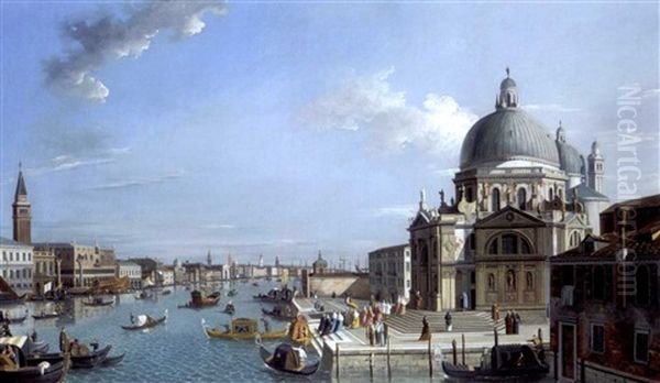 A Procession Of The Doge And His Entourage Entering The Church Of Santa Maria Della Salute On The Grand Canal, Venice Oil Painting by William James