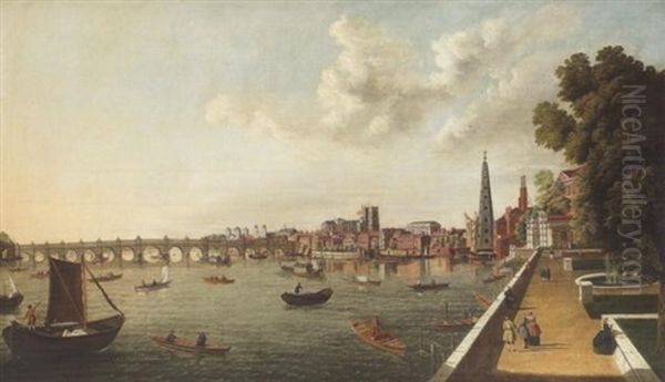 The Thames At Westminster With Old Westminster Bridge And The Shot Tower From The Terrace Of Somerset House, London Oil Painting by William James