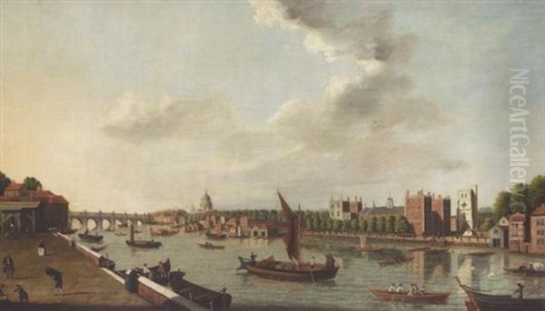 The Thames At Lambeth Palace, With St. Paul's Cathedral And Westminster Bridge Beyond, London Oil Painting by William James