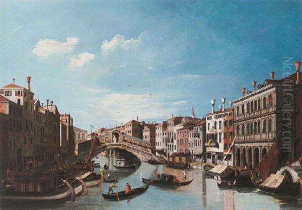 A View Of The Grand Canal, Venice, Looking North Towards The Rialto Bridge Oil Painting by William James