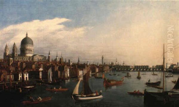 View Of The Thames Looking Towards London Bridge With The Royal Barge Oil Painting by William James