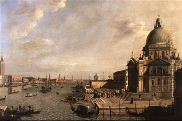 The Entrance To The Grand Canal Venice, Looking East, A     Procession Of Dignitaries Mounts The Steps Of Santa Maria Oil Painting by William James