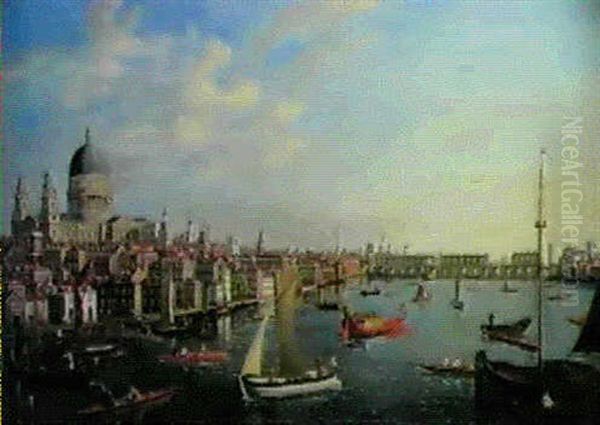 A View Of St. Paul's Cathedral And Old London Bridge From   The Thames With The Royal Barge Ih The Foreground... by William James