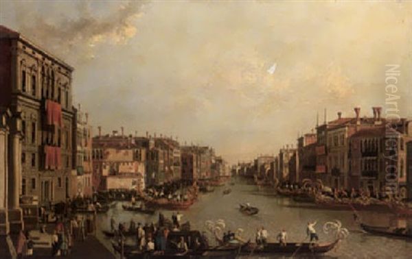 A Regatta On The Grand Canal With Gondolas And Bissone      Moored Before The Palazzo Balbi... Oil Painting by William James