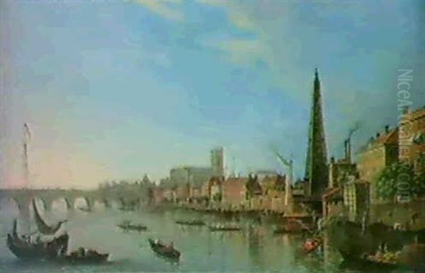 A View Down River Of Westminster Abbey...;                  A View Up River Of Westminster Abbey... Oil Painting by William James