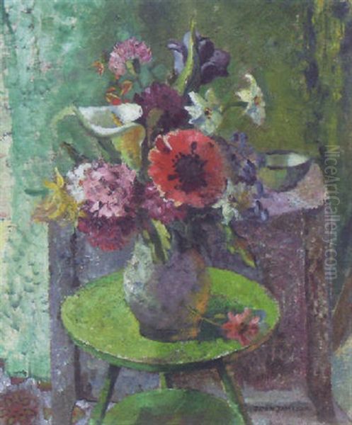 Flowers In A Vase On A Circular Table Oil Painting by Joan Jameson