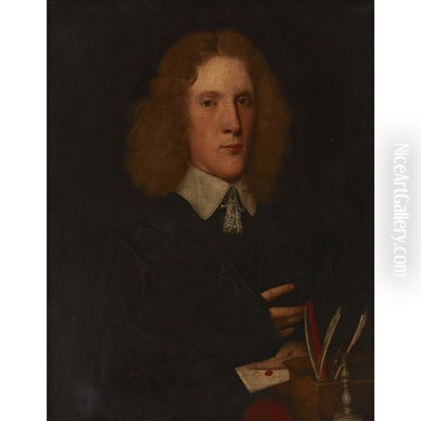 Half Length Portrait Of A Man With Pens And Letter Oil Painting by George Jamesone