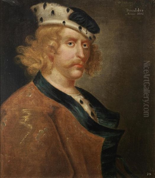 Portrait Of King Donald Iii Of Scotland, Half-length, Wearing A Gold Robe Trimmed With Blue And A Blue Cap Trimmed With Ermine Oil Painting by George Jamesone