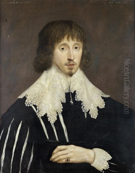 Portrait Of A Gentleman, Half-length, In A Black Tunic And A Lace Collar Oil Painting by George Jamesone