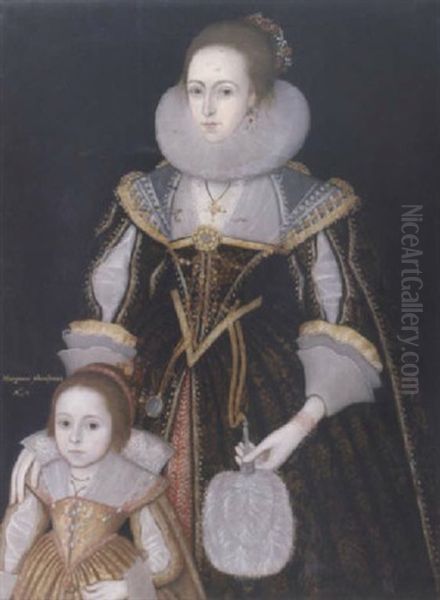 Portrait Of A Mother And Child In A Brown Brocade Dress With Slashed Sleeves Holding A Fan And A Gold Brocade Dress With Slashed Sleeves Holding A Rosebud Oil Painting by George Jamesone