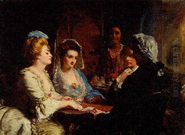 Interior Scene Of Young Couples Playing Cards Oil Painting by Alexander Jamieson