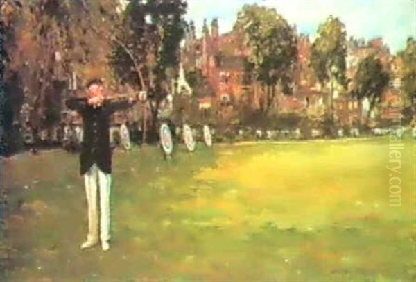 Portrait Of Walter Andrew Inderwick Shooting In The         Grounds Of The Royal Toxophilite Society, Bayswater Oil Painting by Alexander Jamieson