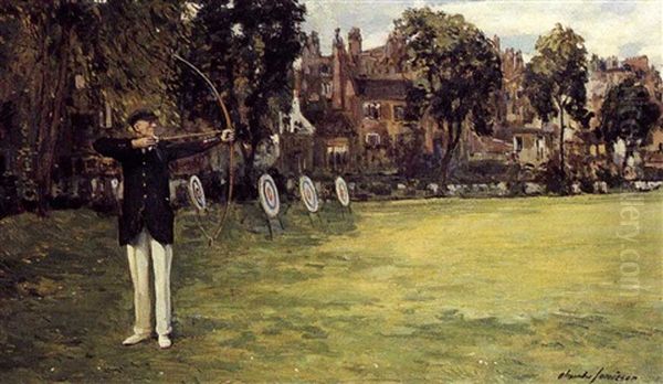 Portrait Of Walter Andrew Inderwick, Shooting In The        Grounds Of The Royal Toxophilite Society, Bayswater, London Oil Painting by Alexander Jamieson