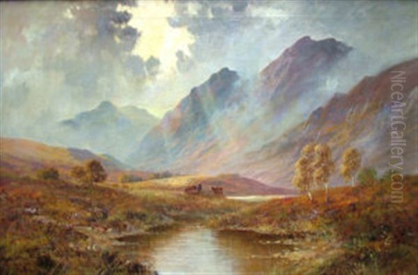 Cattle Watering In A Highland Lock Scene Oil Painting by Francis E. Jamieson