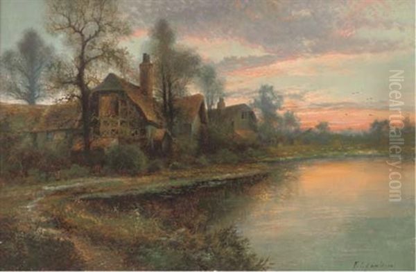 A Thatched House Beside A Lake At Sunset Oil Painting by Francis E. Jamieson