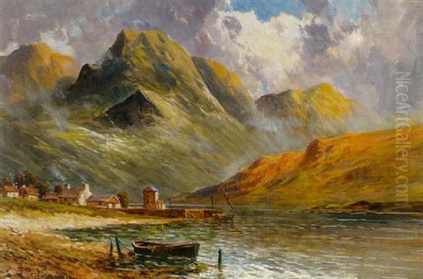 A View Of A Loch With Houses And A Dinghy On The Shore And Mountains Beyond Oil Painting by Frank E. Jamieson