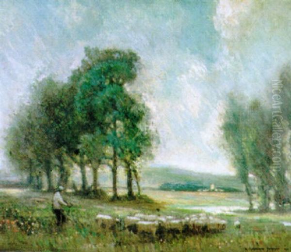 A Shepherd With His Flock In A Meadow Oil Painting by Robert Kirkland Jamieson