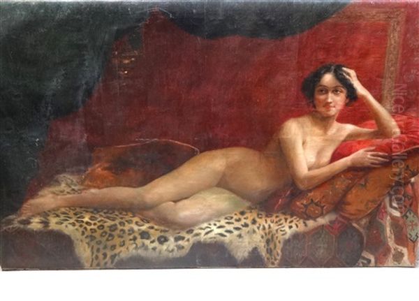 Nu Feminin Allonge Sur Une Peau De Leopard Oil Painting by Paul-Joseph Jamin