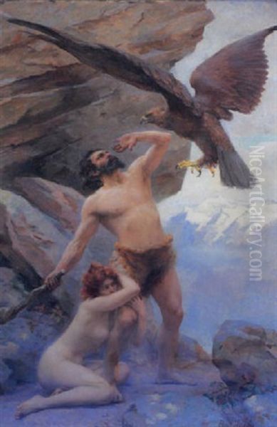 Dramatic Scene Of A Man And Woman Fighting An Eagle Oil Painting by Paul-Joseph Jamin