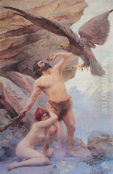 Dramatic Scene With A Man And A Woman Being Attacked By An Eagle Oil Painting by Paul-Joseph Jamin